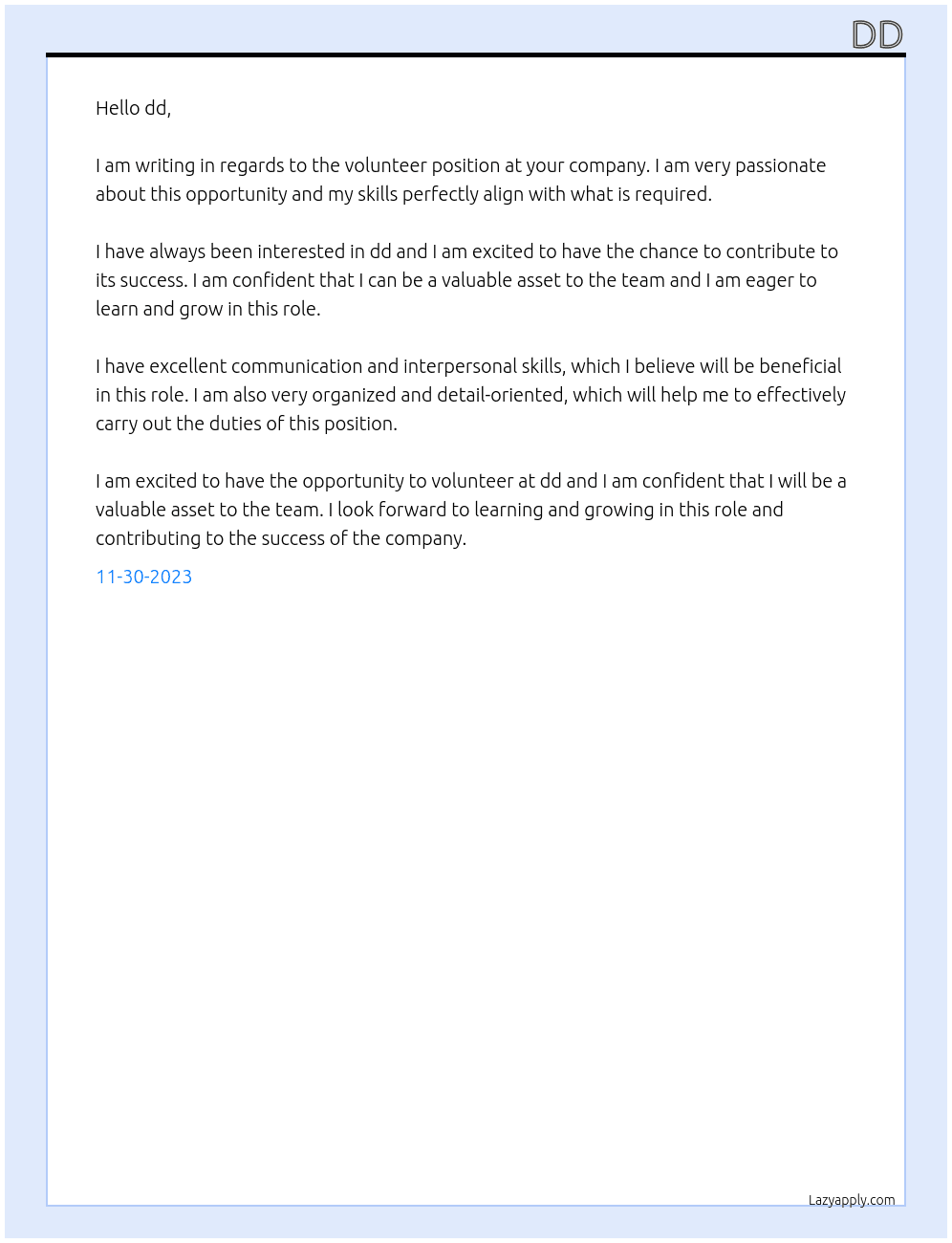 volunteer At dd Cover Letter