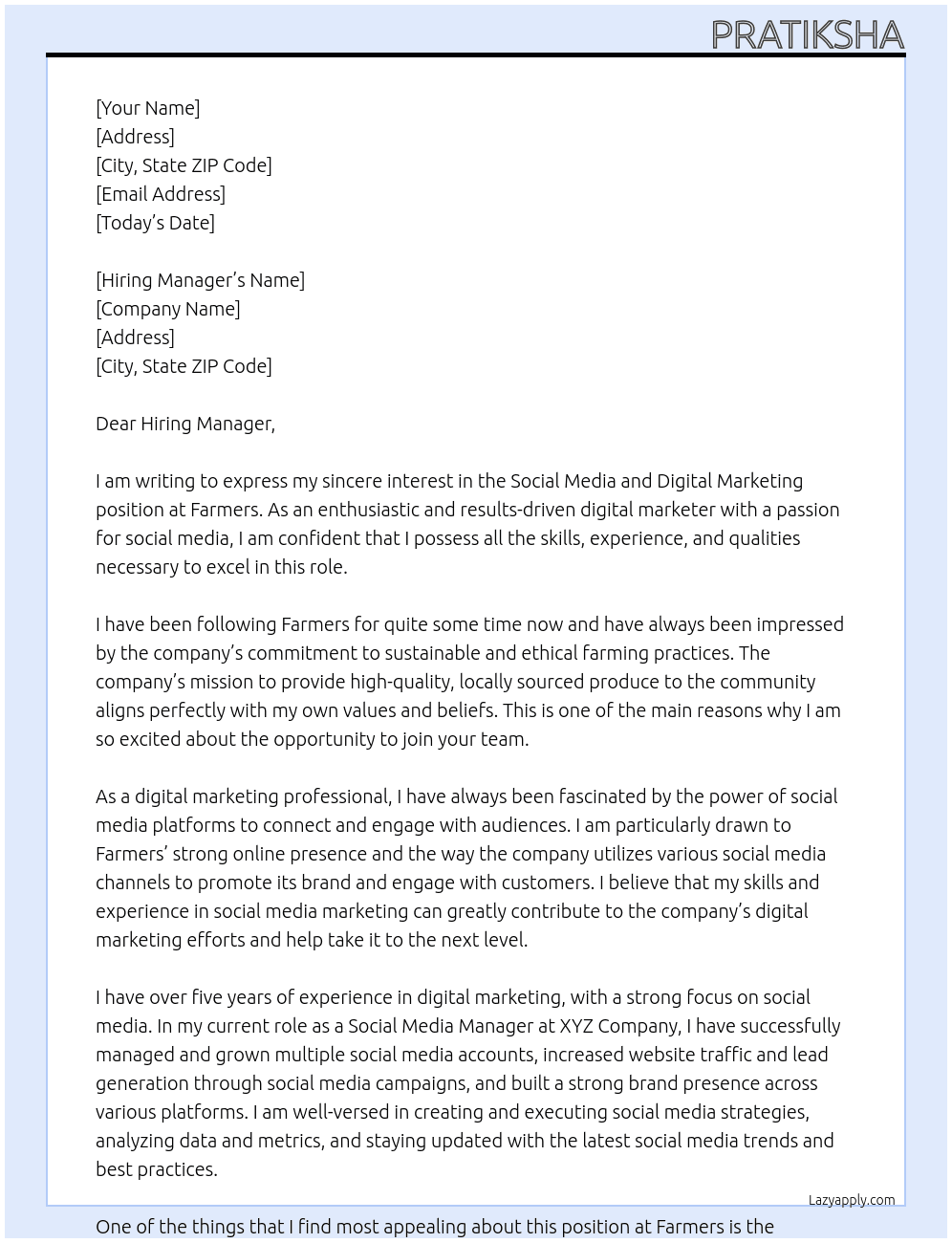 Social media and digital marketing At Farmers Cover Letter