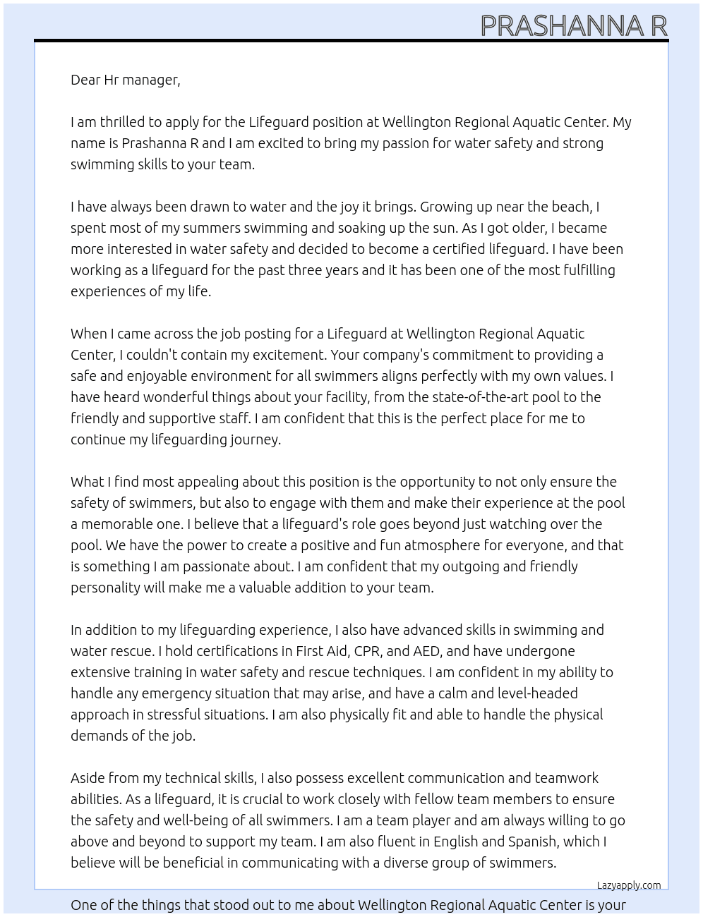 Lifeguard  At Wellington regional aquatic center  Cover Letter