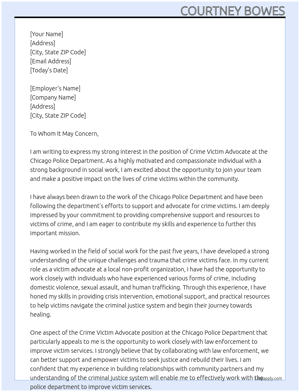 Crime Victim Advocate At Chicago Police Department Cover Letter
