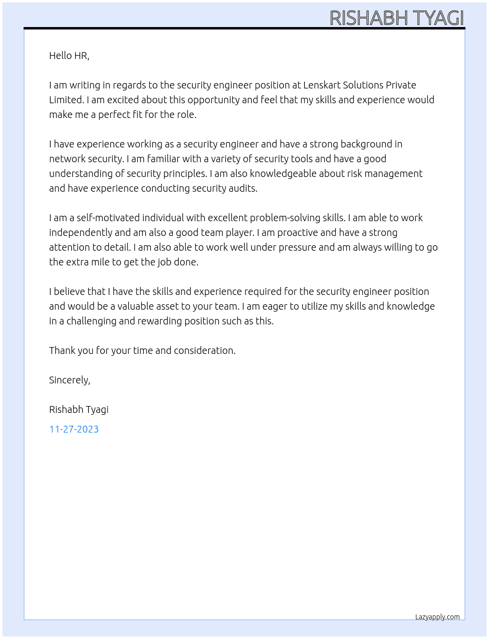 security engineerr At lenskart solutions Private limited Cover Letter