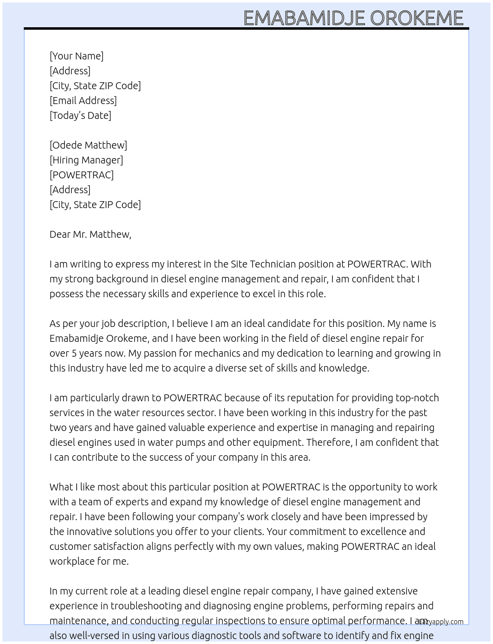 Site Technician At POWERTRAC  Cover Letter