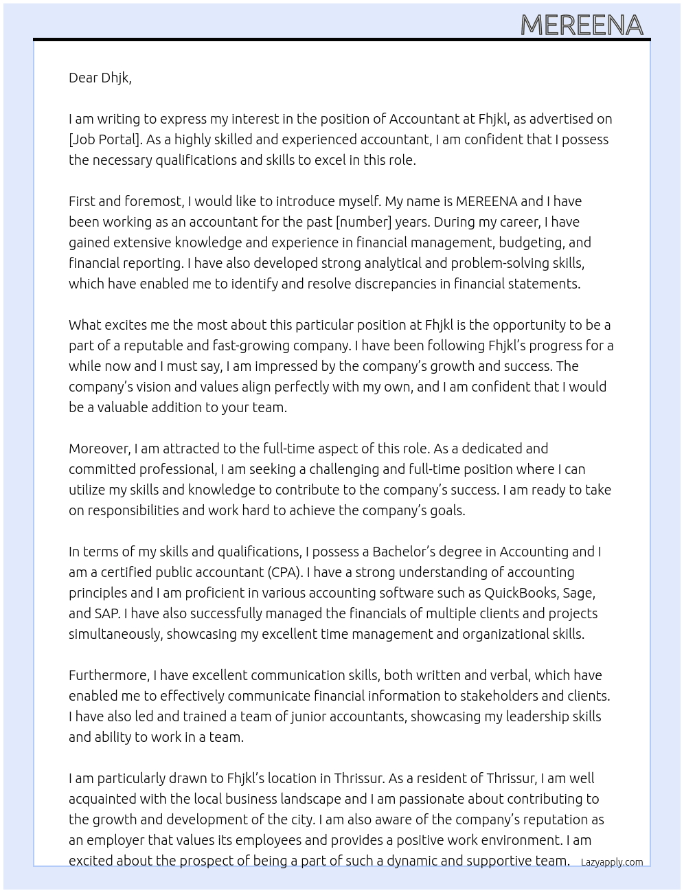 Accountant  At Fhjkl Cover Letter