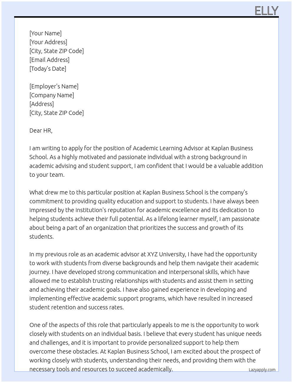 academic learning advisor At kaplan business school Cover Letter