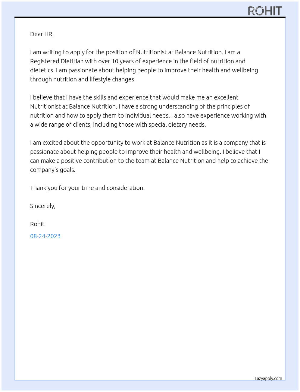 Nutritionist At Balance Nutrition Cover Letter