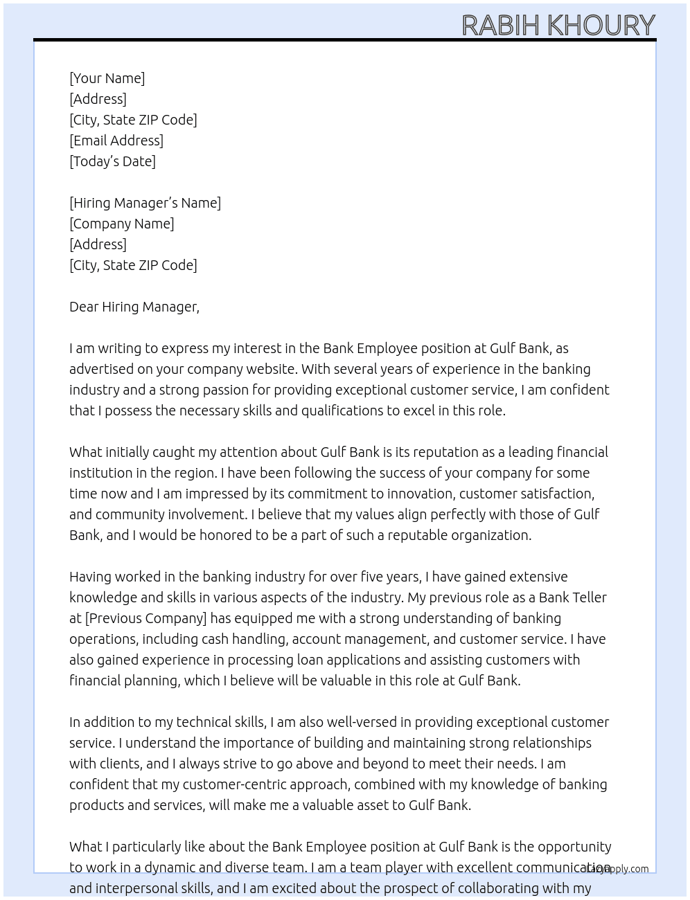 Bank employee At Gulf bank Cover Letter