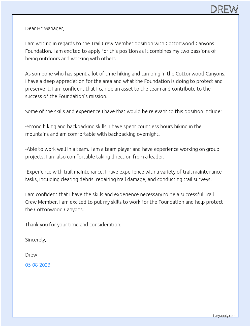 Trail Crew Member At Cottonwood Canyons Foundation Cover Letter