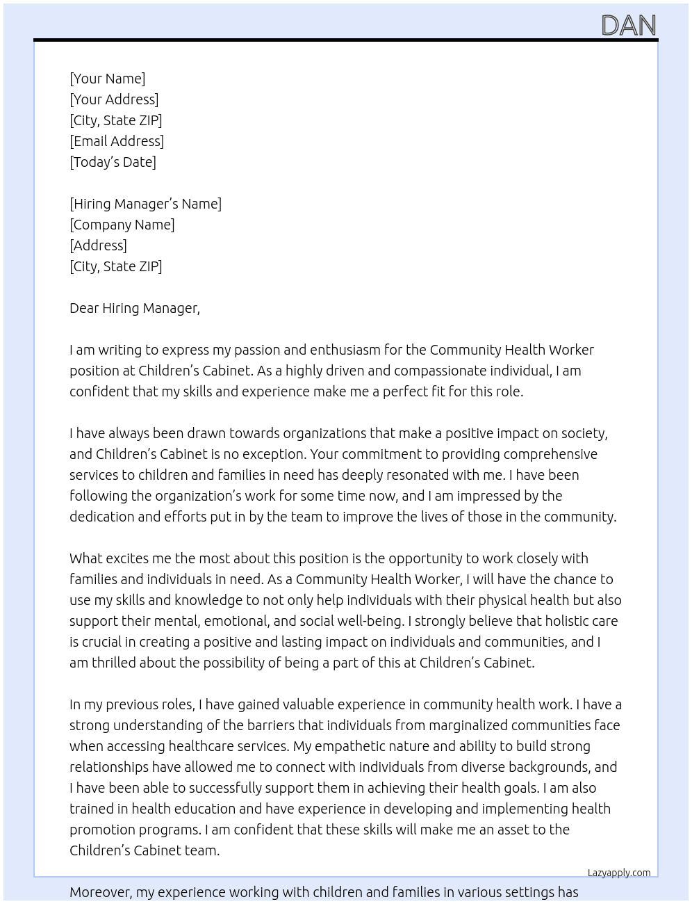 Community Health Worker  At Children's Cabinet Cover Letter