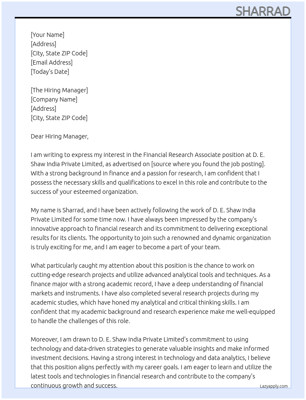 Financial Research Associate At D. E. Shaw India Private Limited Cover Letter