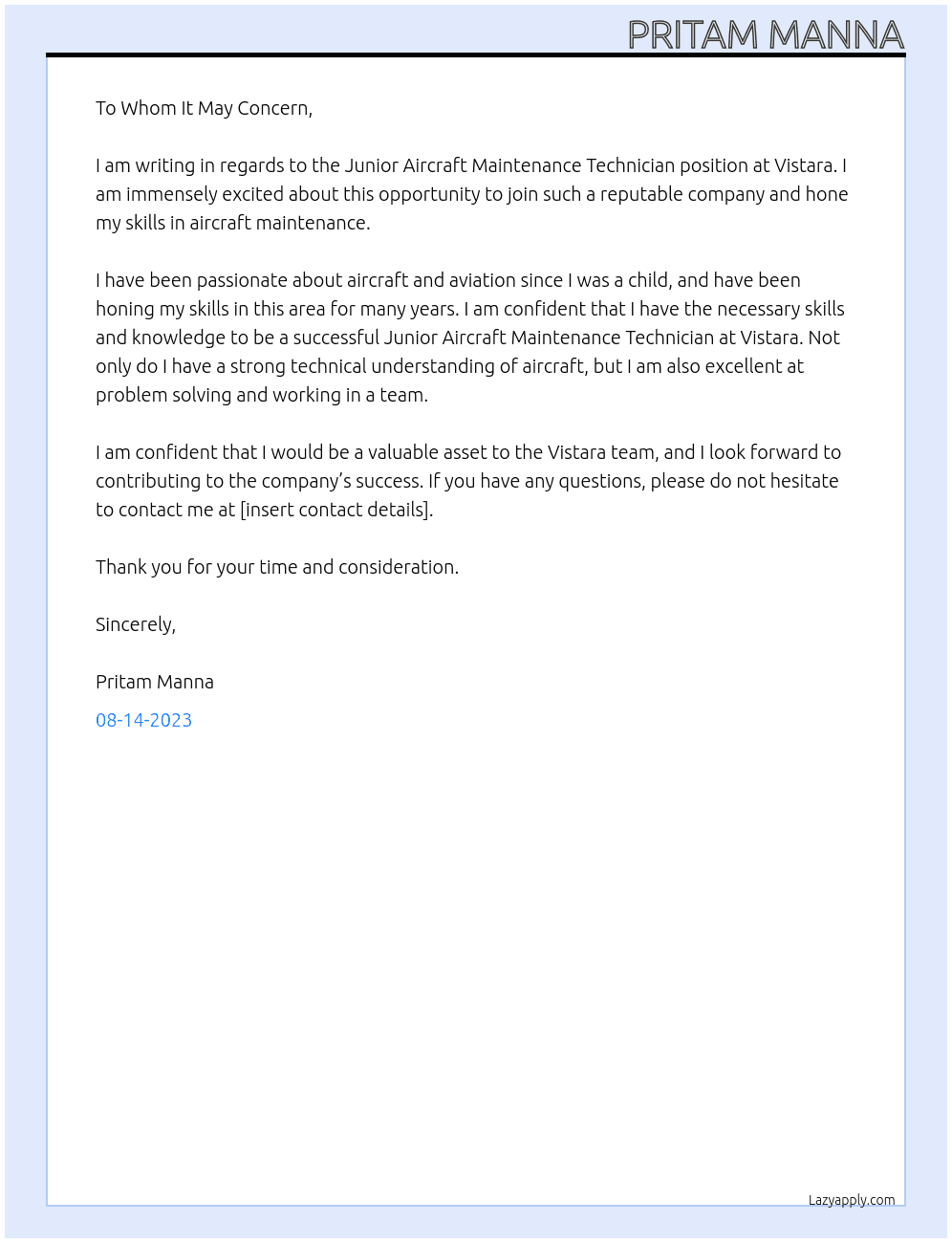 Junior Aircraft Maintenance Technician At Vistara Cover Letter