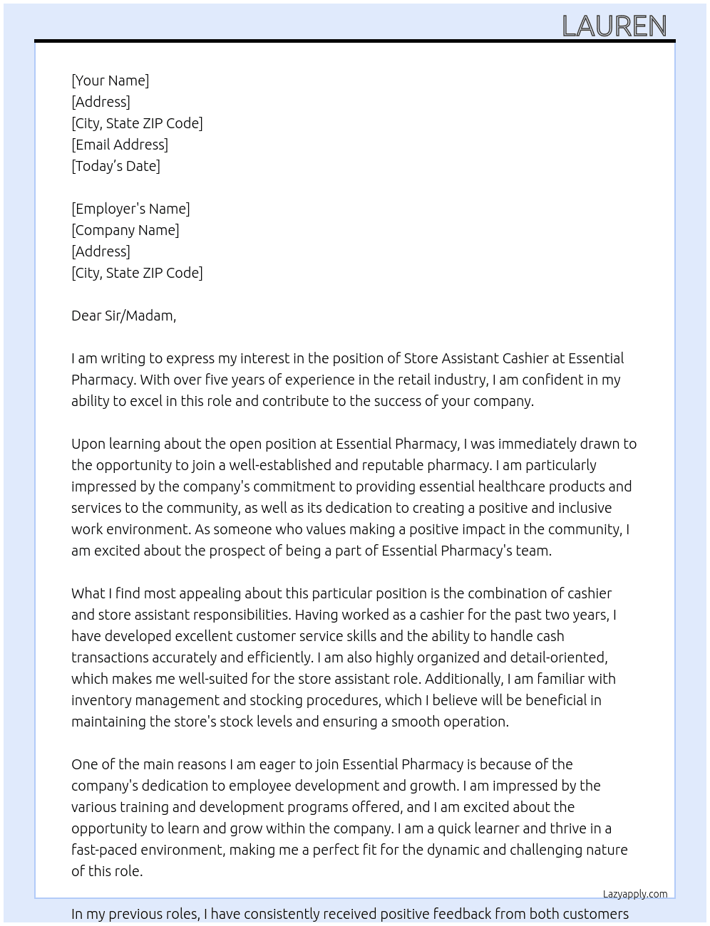 Store assistant cashier At Essential Pharmacy  Cover Letter
