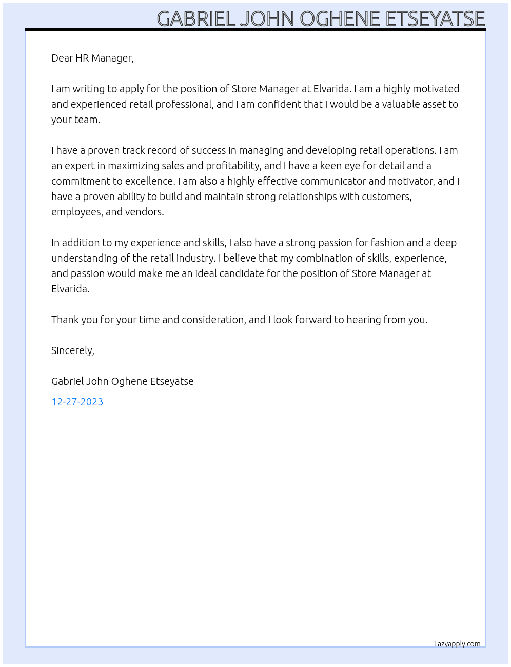 Store manager  At Elvarida  Cover Letter