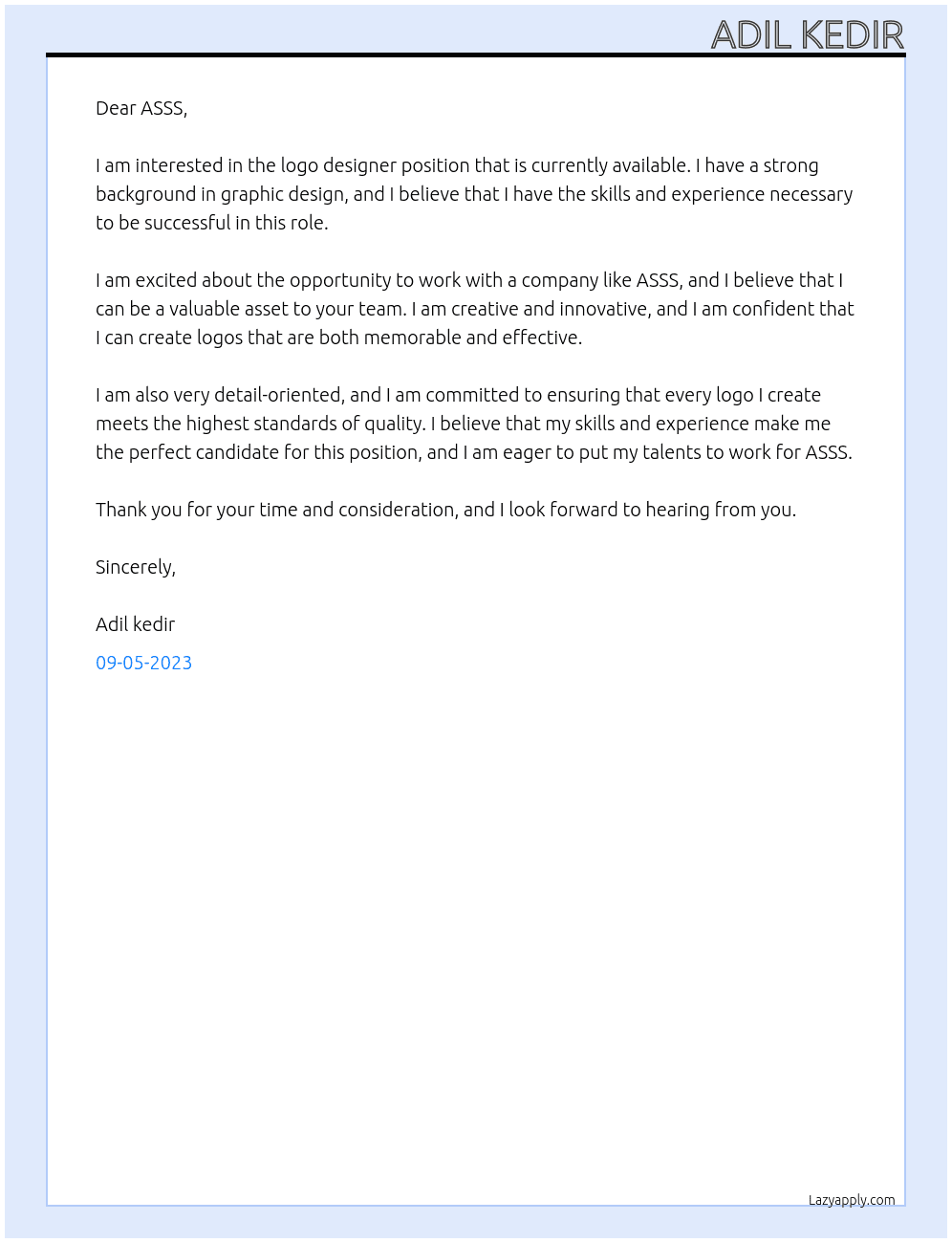 logo designer At ASSS Cover Letter