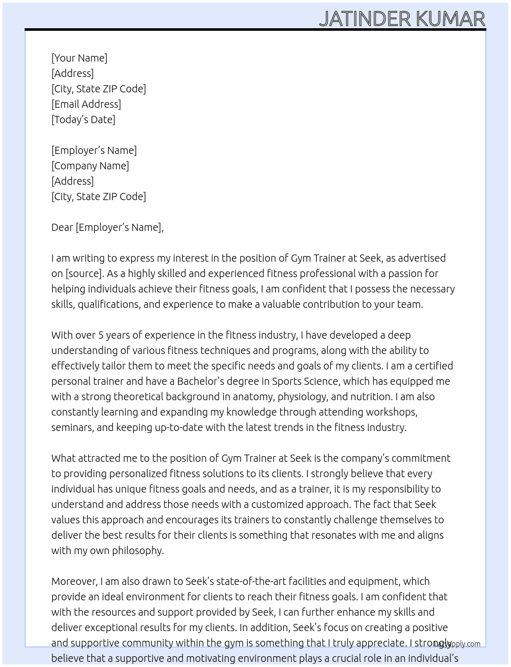 Gym trainer  At Seek Cover Letter