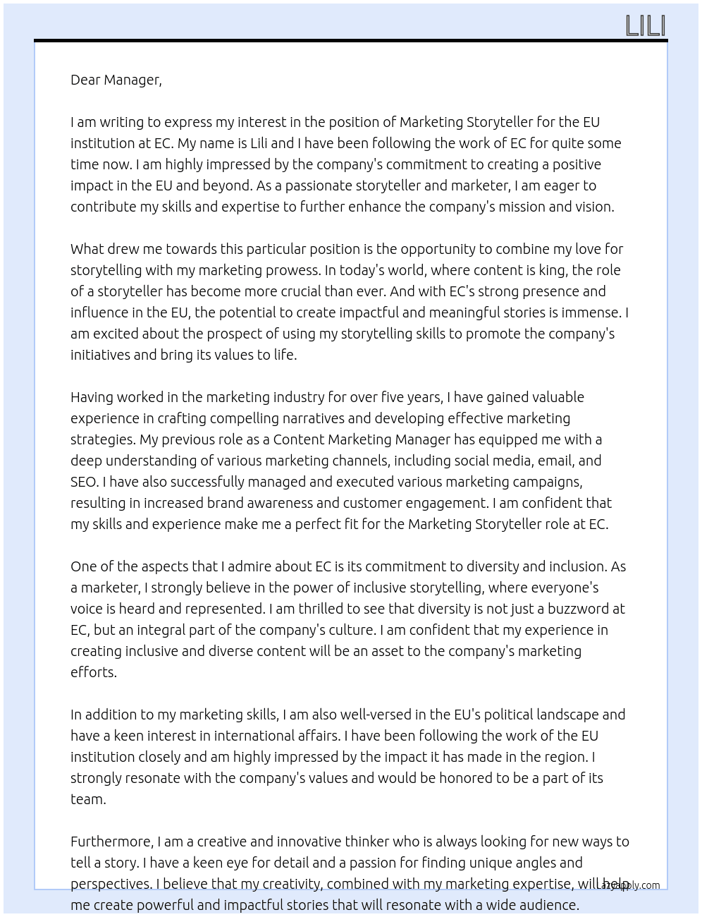Marketing Storyteller for an EU institution At EC Cover Letter