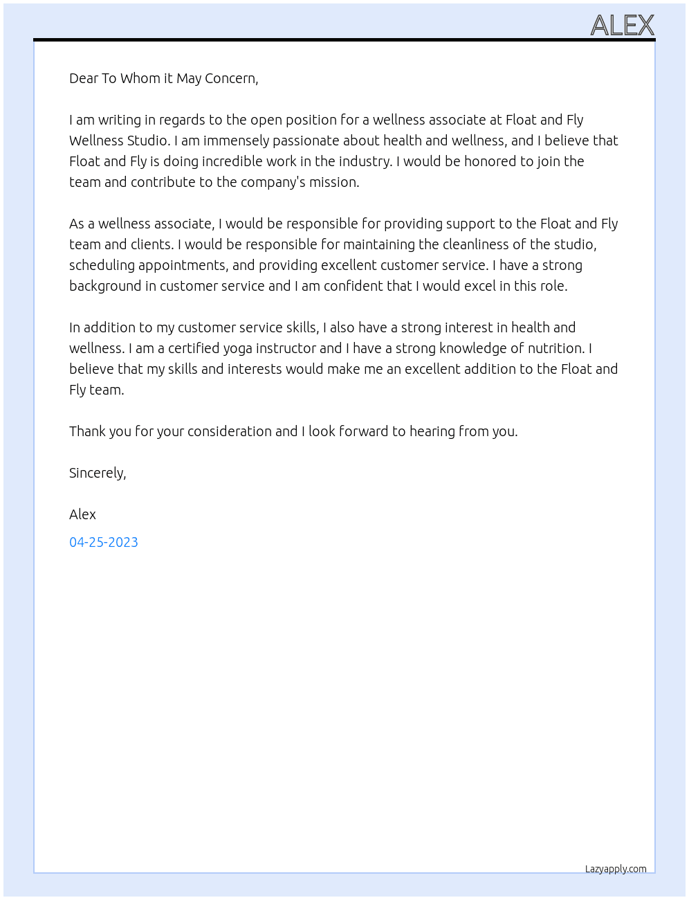 wellness associate At Float and Fly Wellness Studio Cover Letter