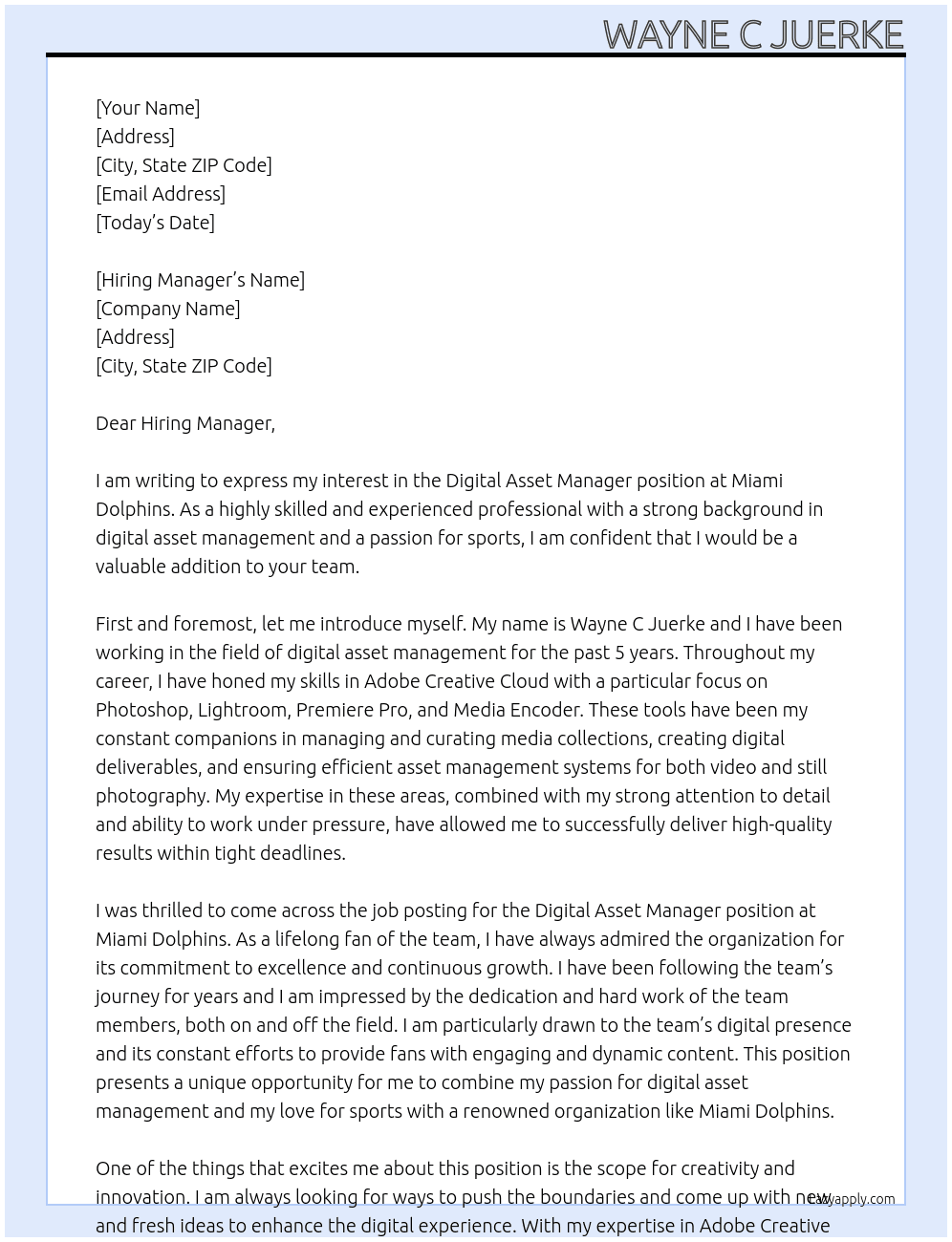 Digital Asset Manager At Miami Dolphins Cover Letter