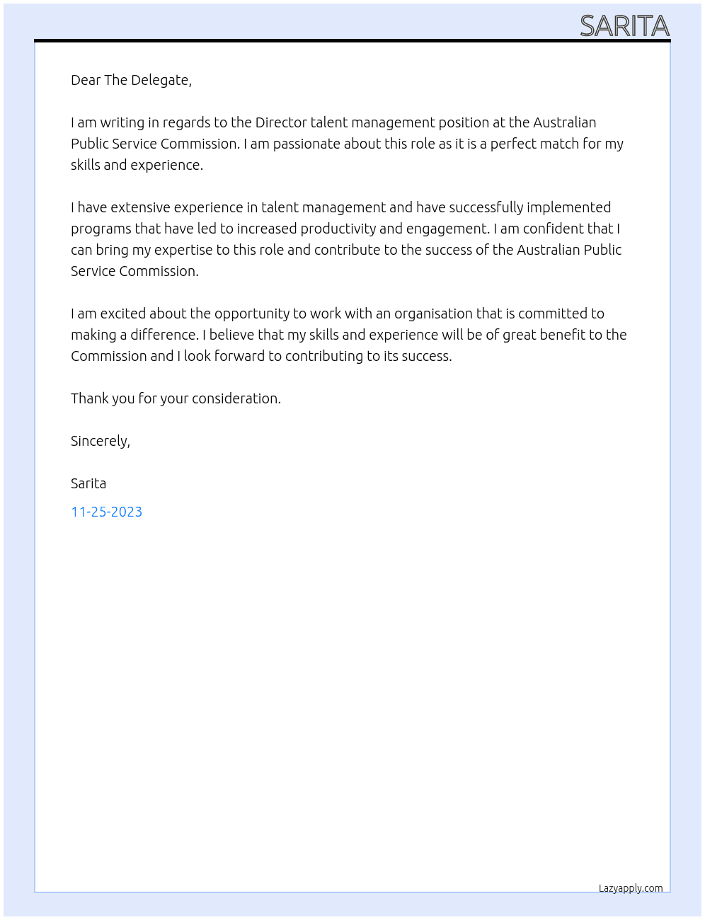 Director talent management At Australian Public Service Commission Cover Letter