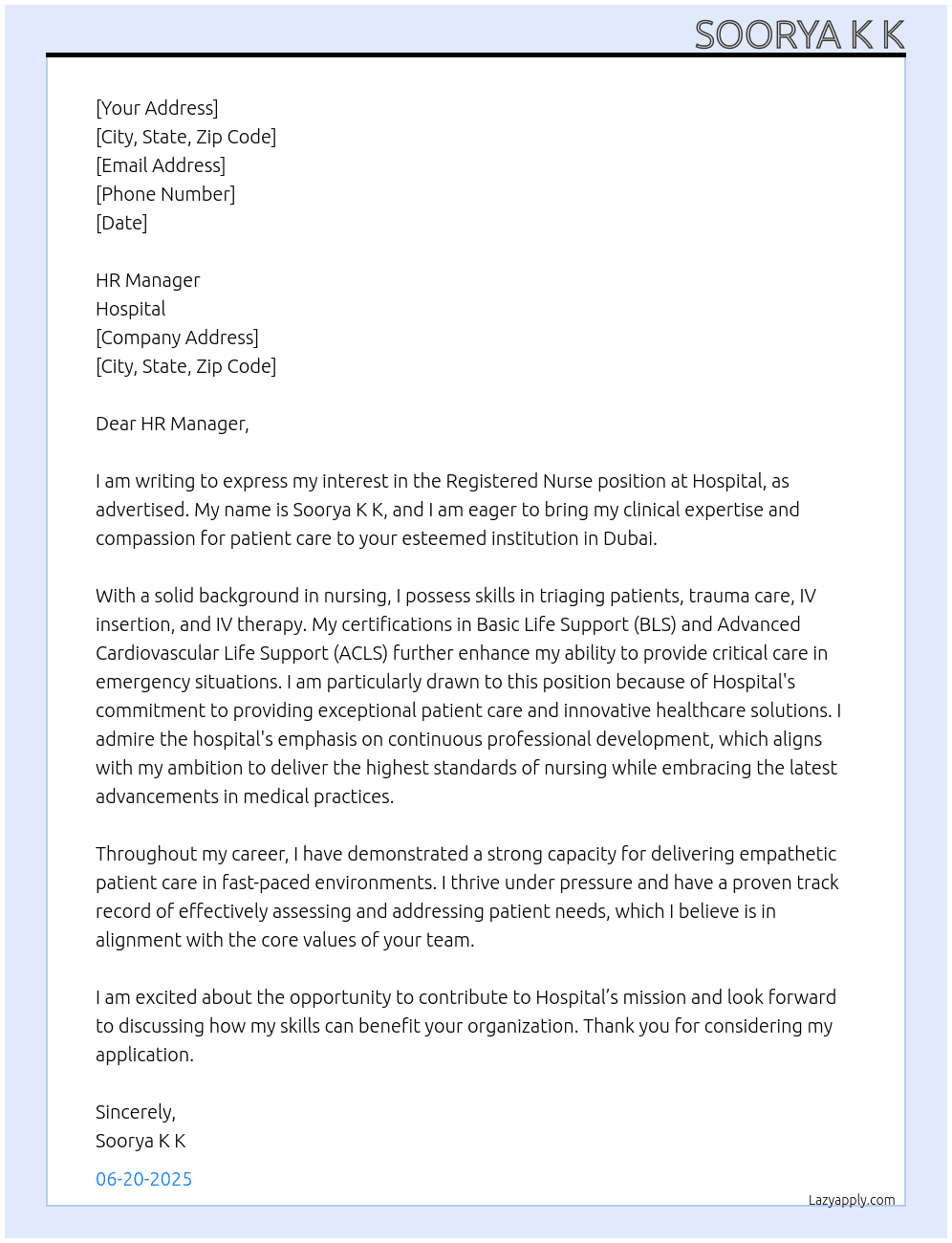 Registered nurse  At Hospital  Cover Letter