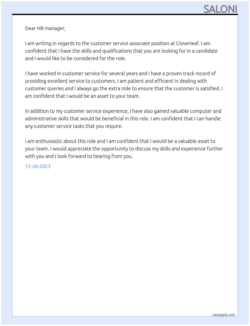 customer service associate At cloverleaf Cover Letter