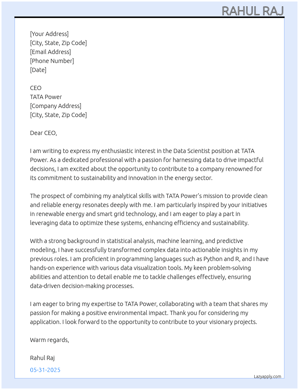 Data scientist At TATA Power Cover Letter