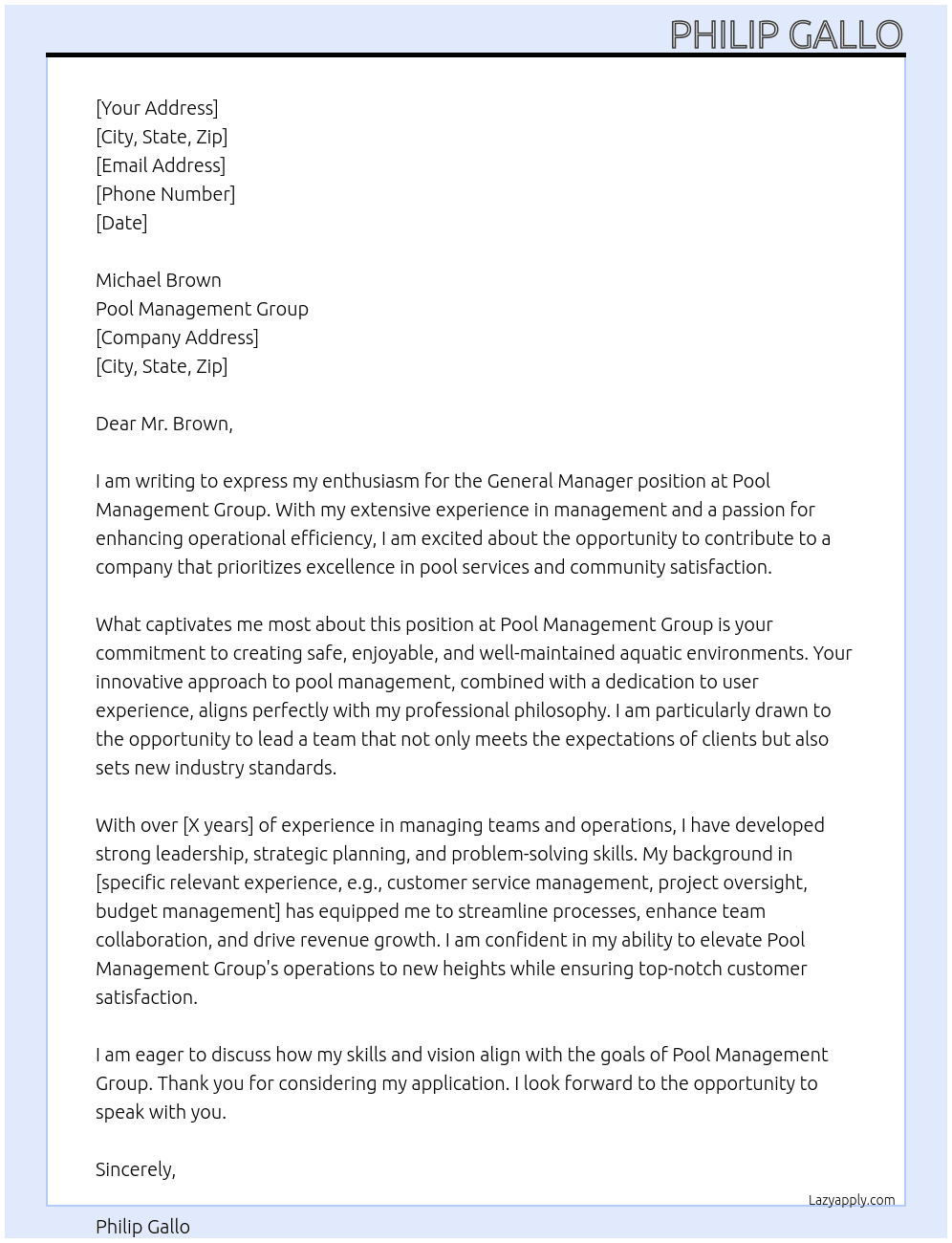 General Manager  At Pool Management Group  Cover Letter