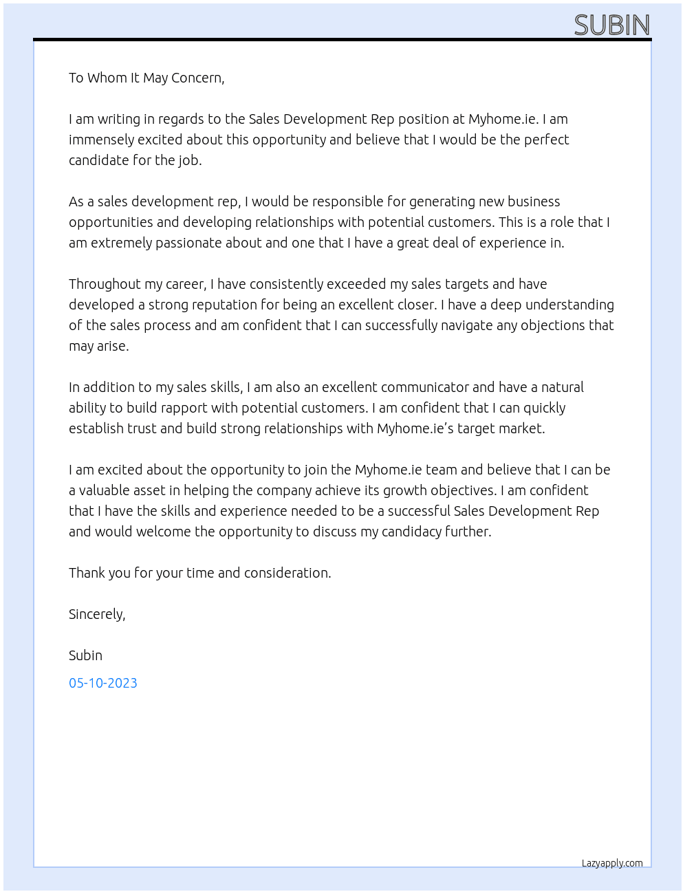 Sales Development Rep At Myhome.ie Cover Letter