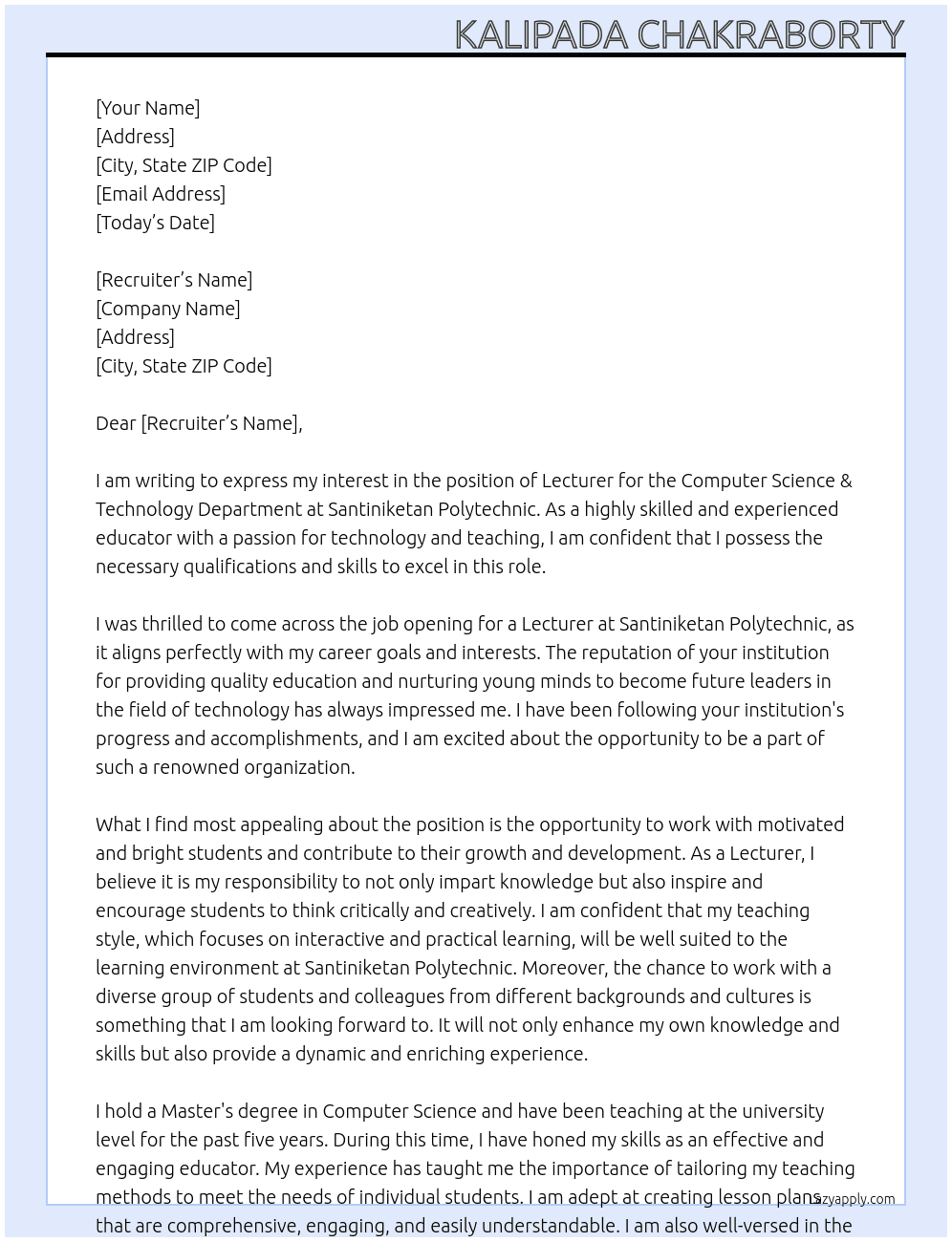 Lecturer for Computer Science & Technology Department At Santiniketan Polytechnic Cover Letter
