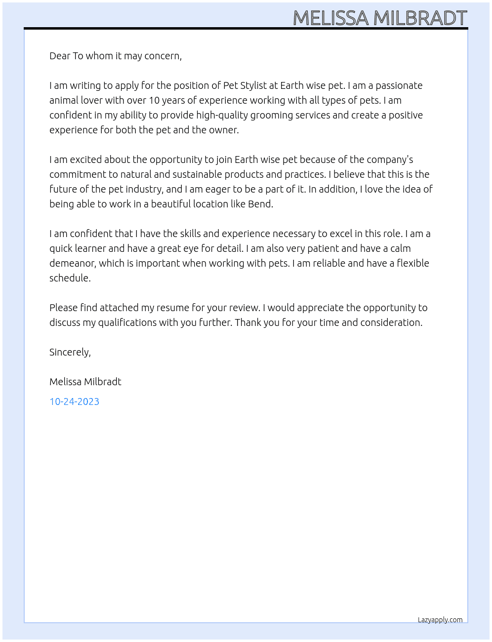 Pet Stylist At Earth wise pet Cover Letter