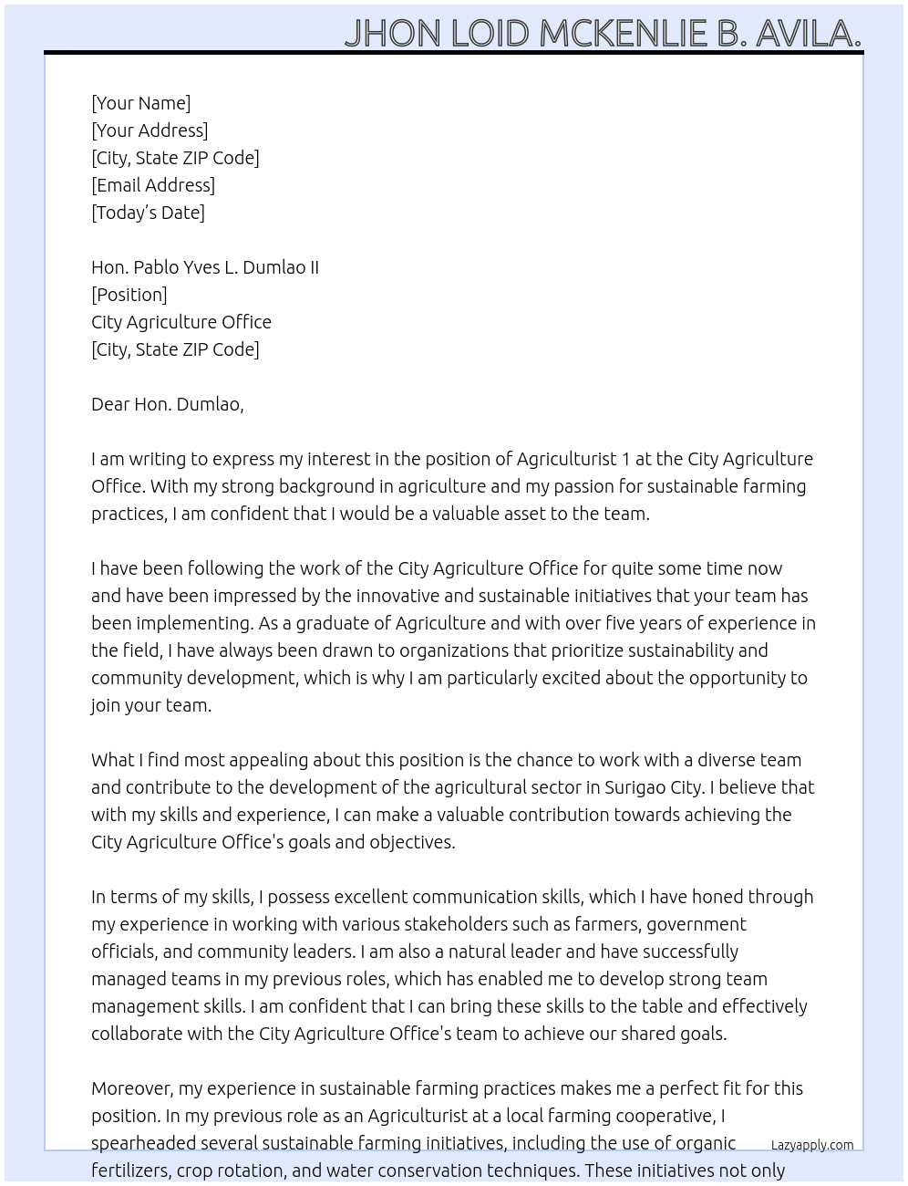 Agriculturist 1 At City Agriculture office  Cover Letter