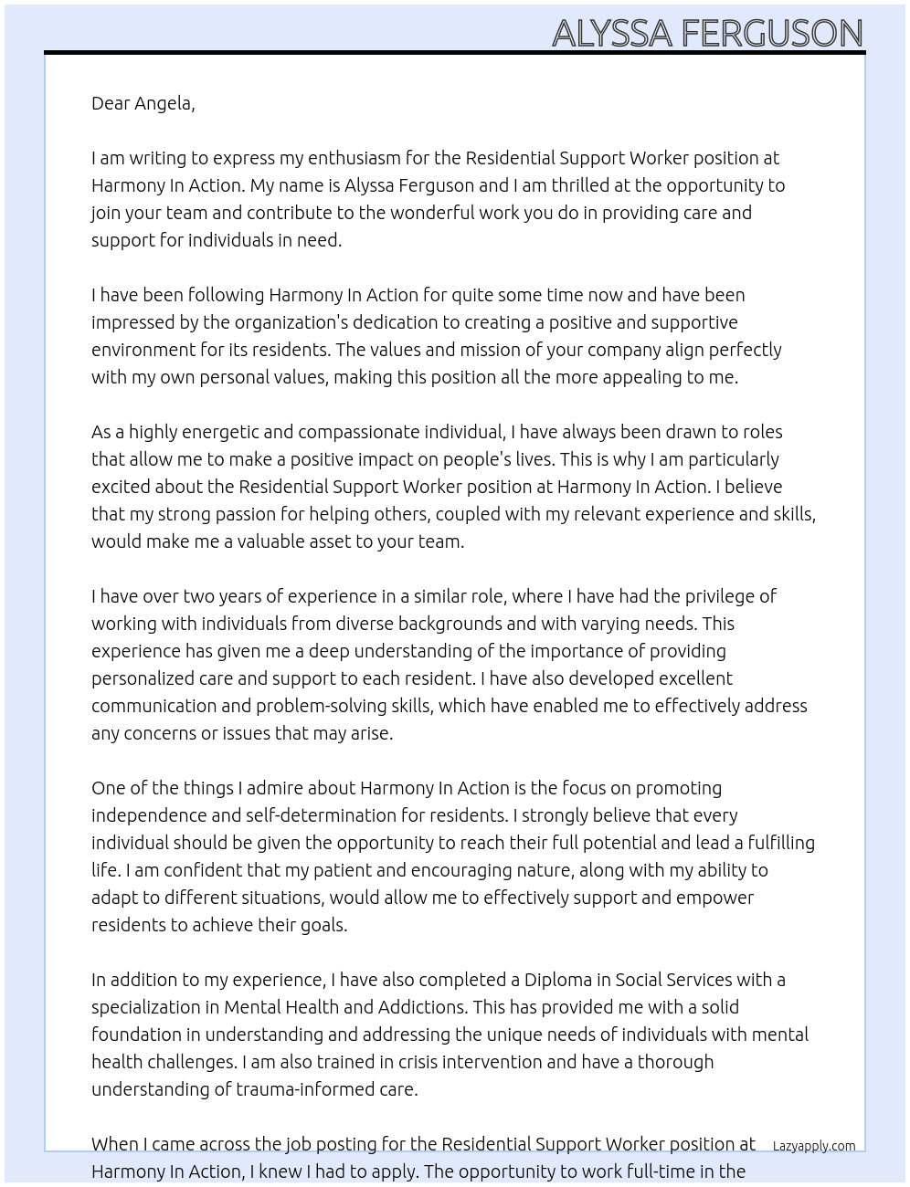 Residential Support Worker At Harmony In Action Cover Letter