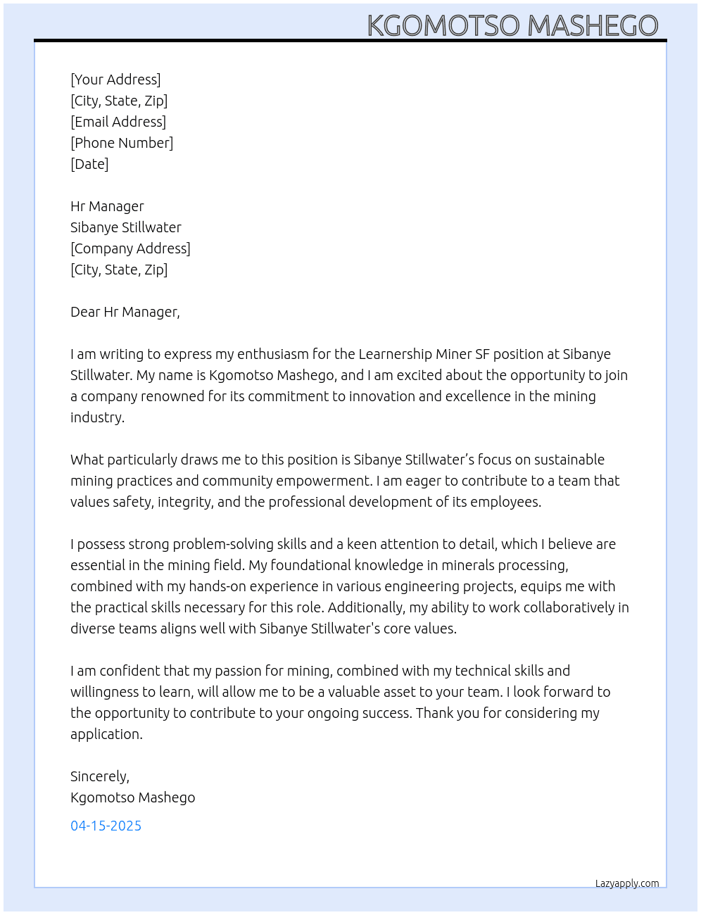 Cover letter for learnership miner sf - LazyApply