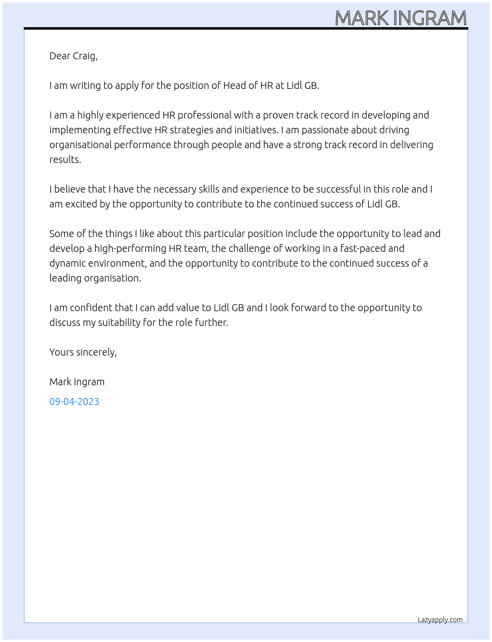 Head of HR At Lidl GB Cover Letter