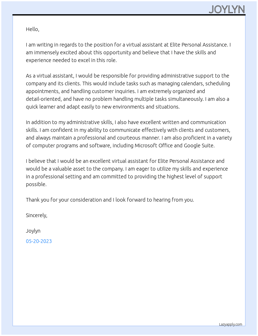 Virtual Assistant At Elite personal assistance Cover Letter