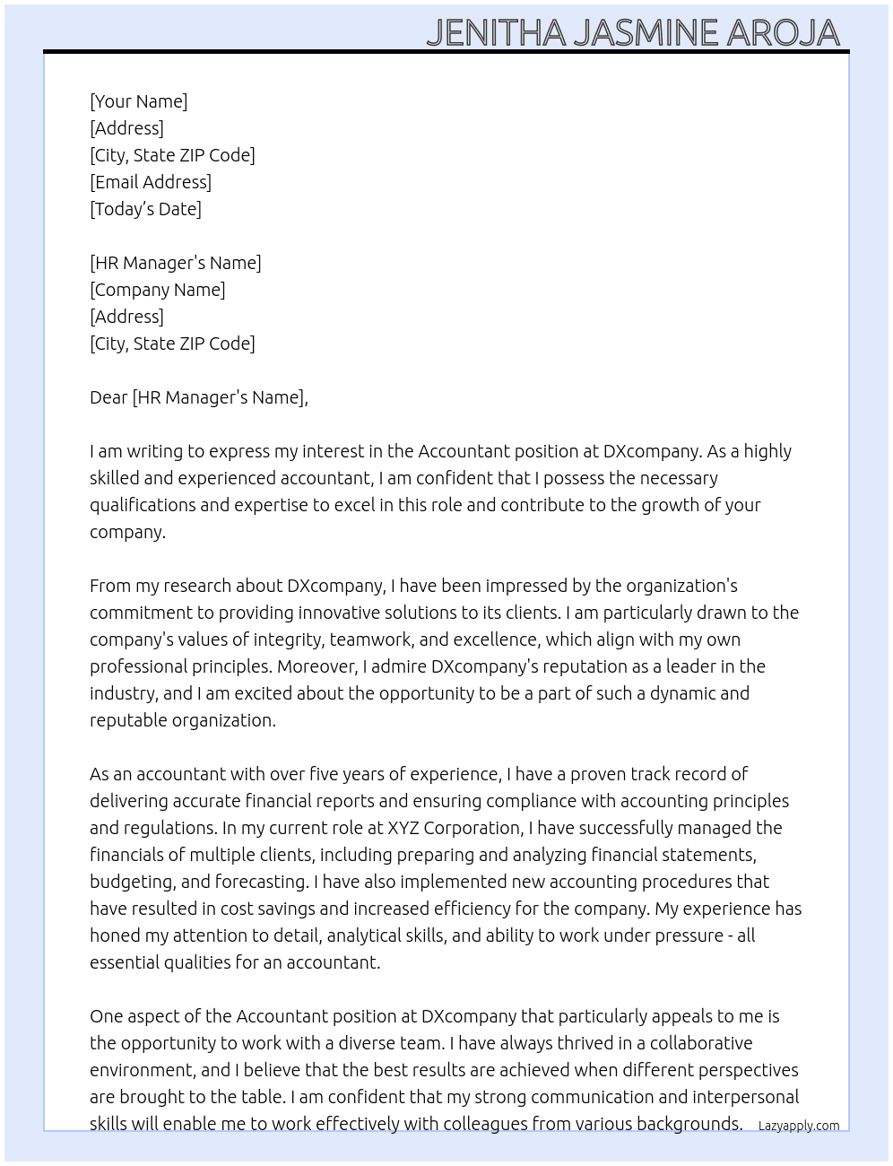Accountant At DXcompany Cover Letter