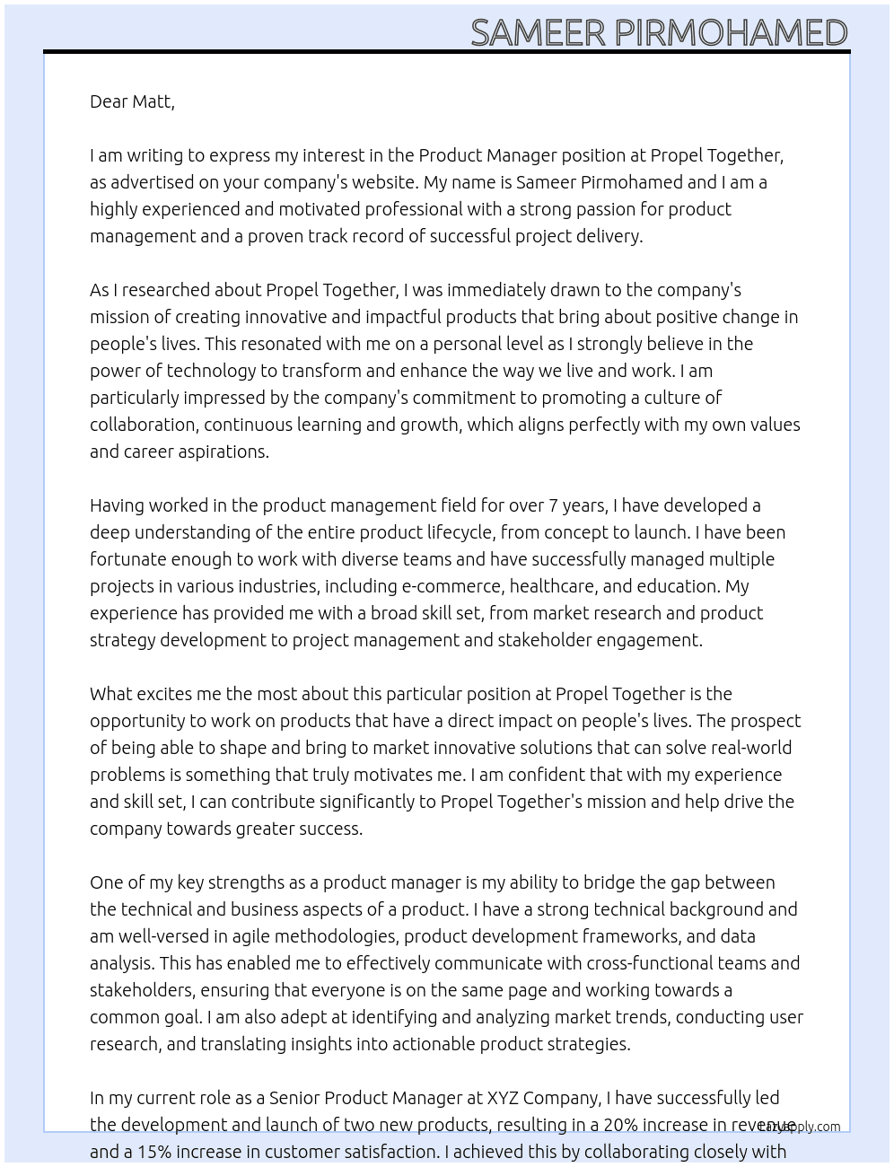Product Manager At Propel Together Cover Letter