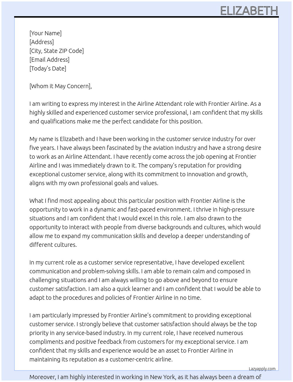 Airline Attendant At Frontier Airline Cover Letter