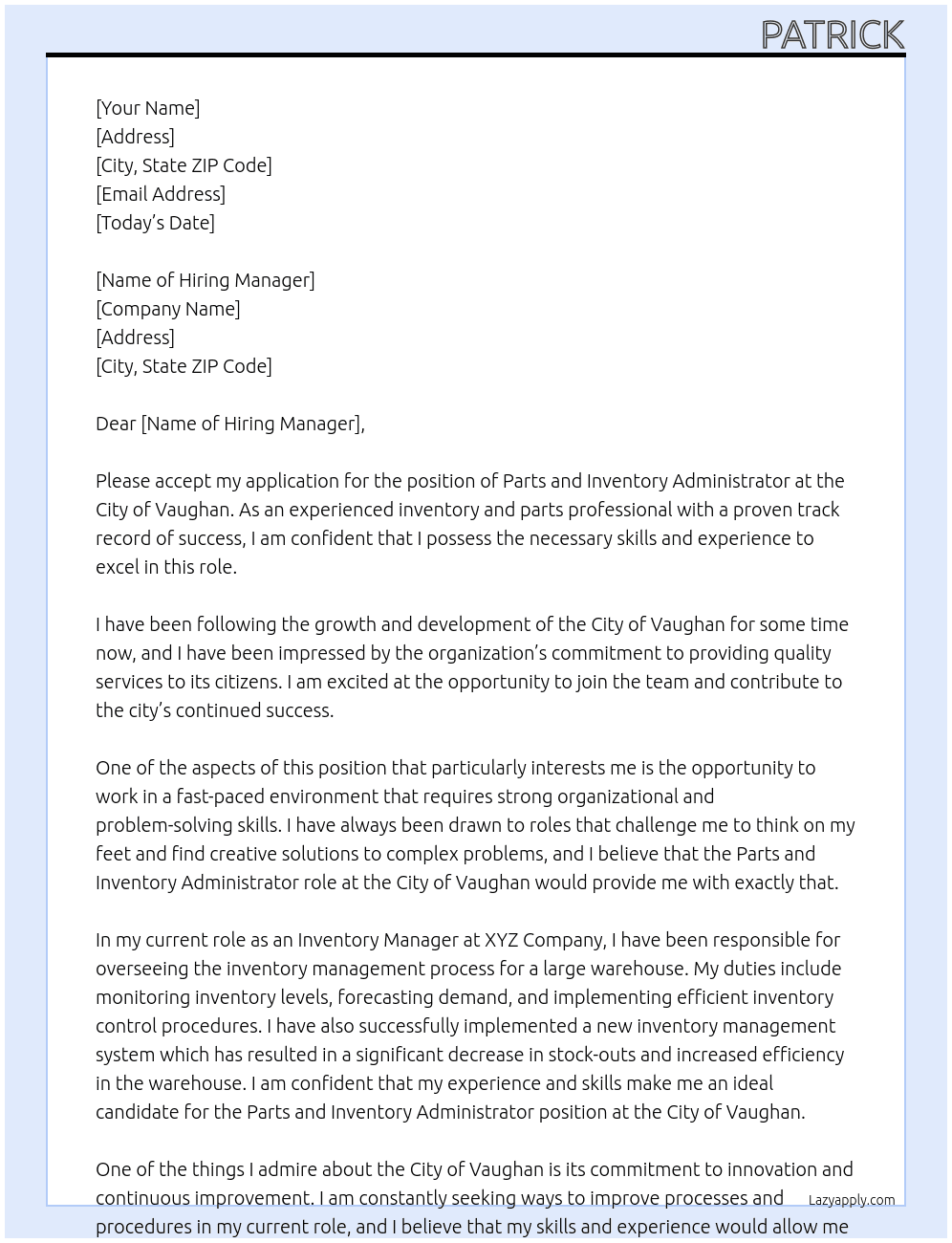Parts and Inventory Administrator At city of vaughan Cover Letter