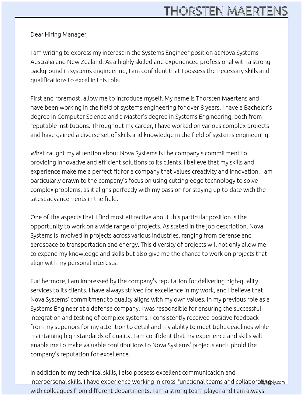 Systems Engineer At Nova Systems Australia and New Zealand Cover Letter