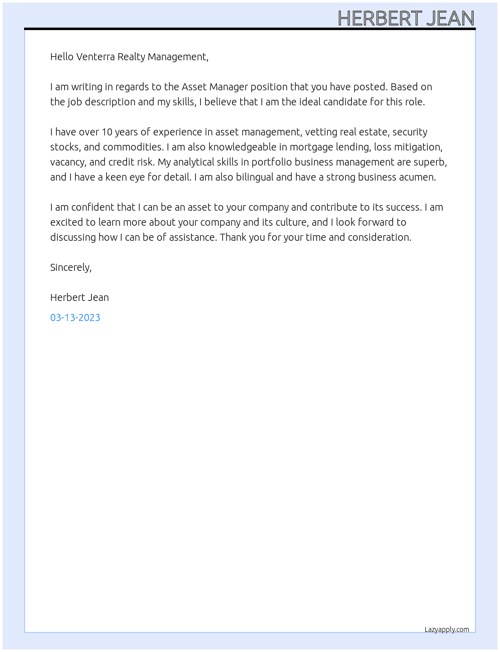 Asset manager At Venterra Realty Management Cover Letter