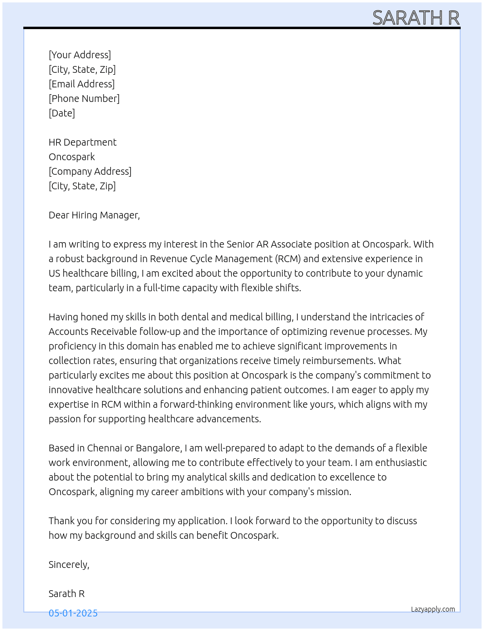 Senior AR Associate At oncospark Cover Letter
