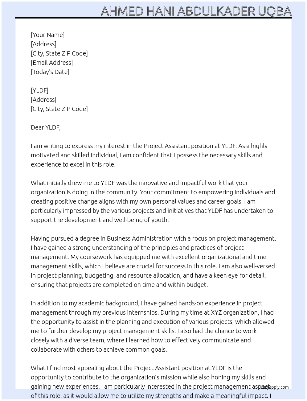 Project Assistant At YLDF Cover Letter