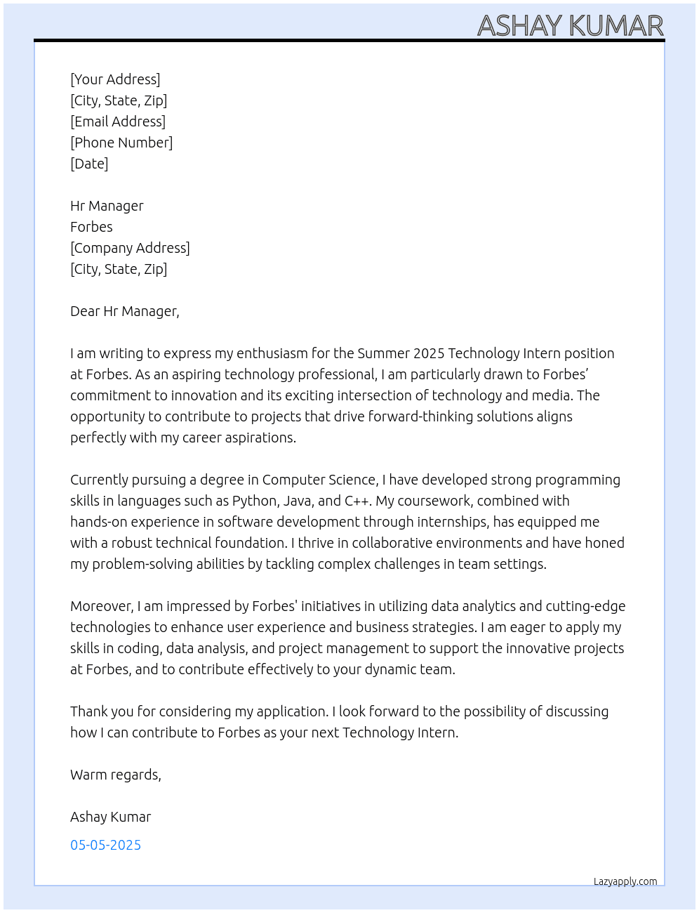 Summer 2025 Technology Intern  At Forbes Cover Letter