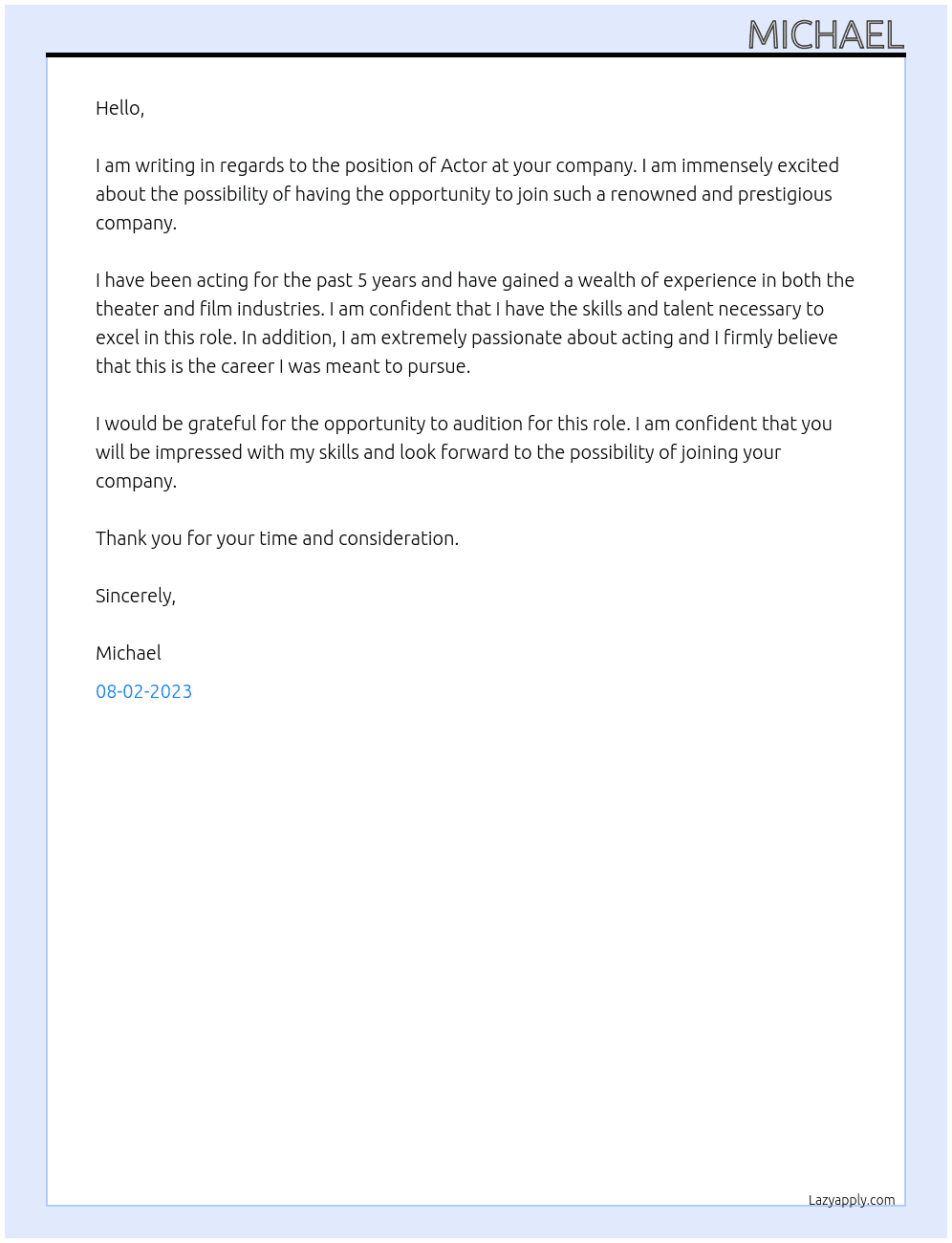 Actor At acting agency, acting managment Cover Letter