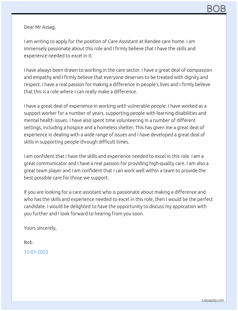 Care Assistant  At Randee care home  Cover Letter