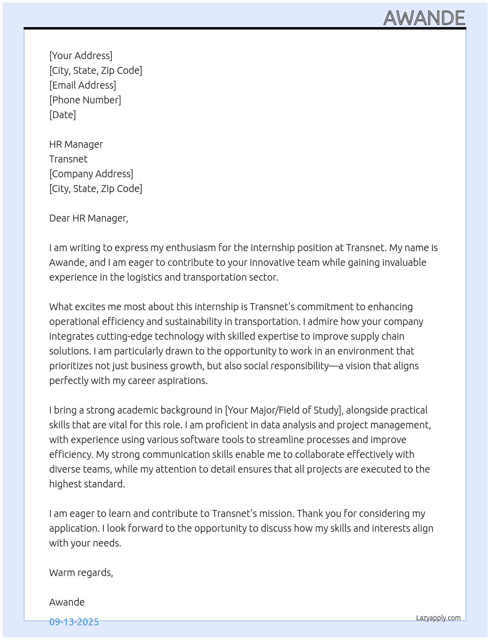 internship At transnet Cover Letter