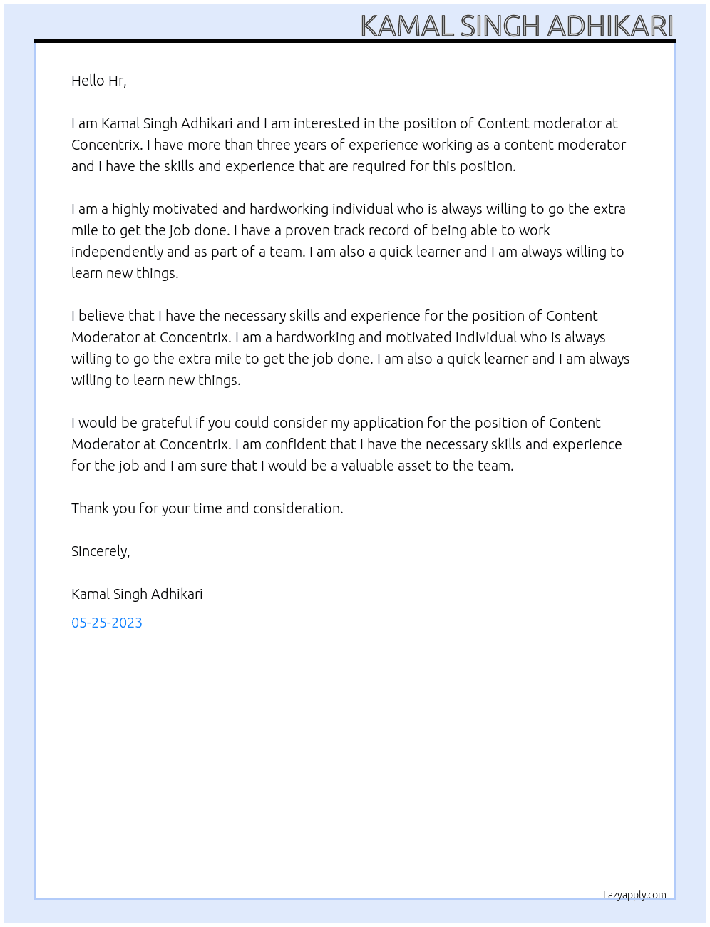 Content moderator  At Concentrix  Cover Letter