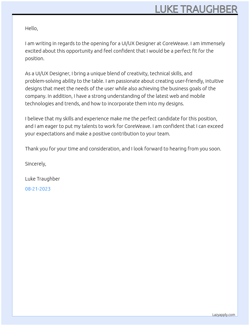UI/UX Designer At CoreWeave Cover Letter