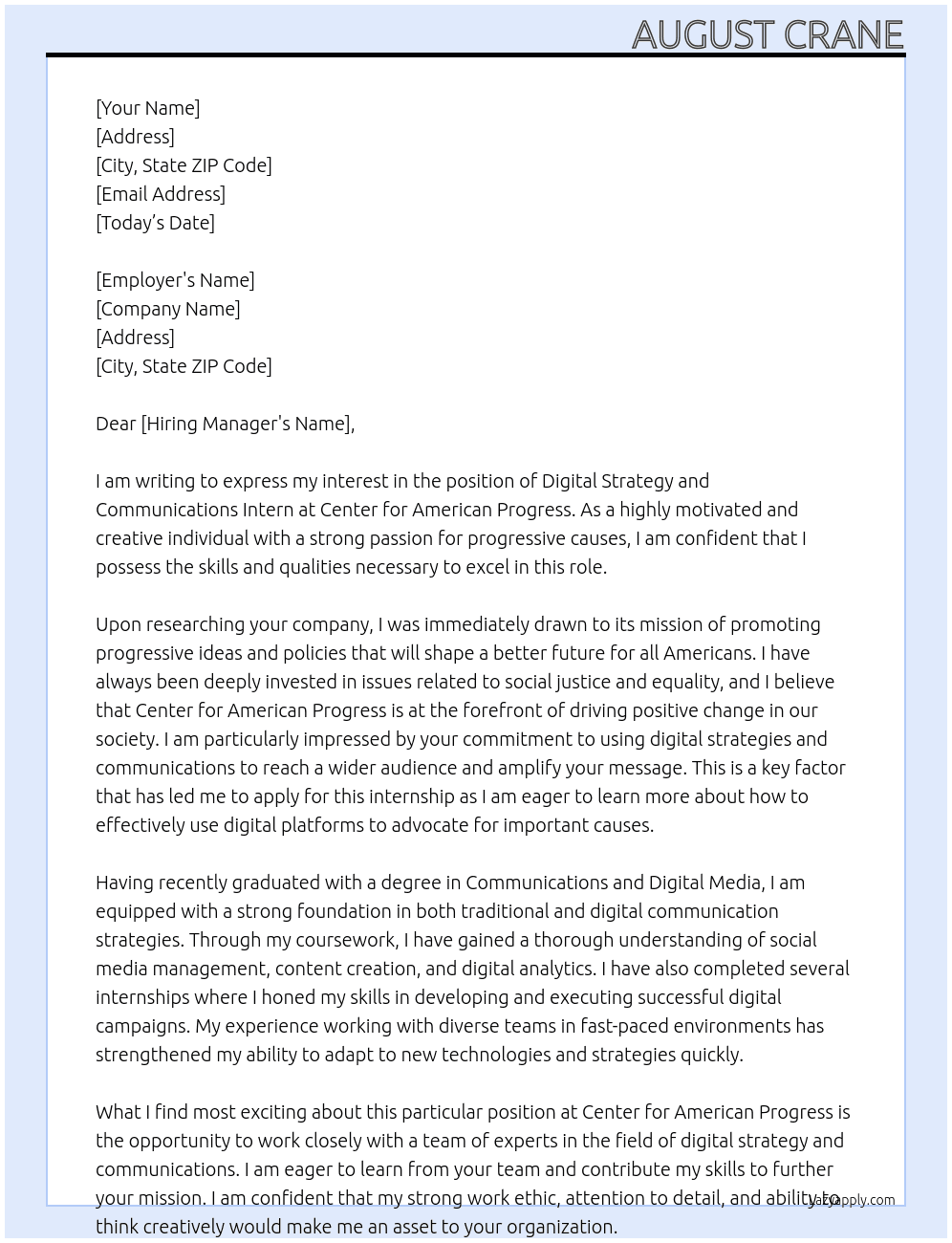 Digital Strategy and Communications Intern At Center for American Progress Cover Letter