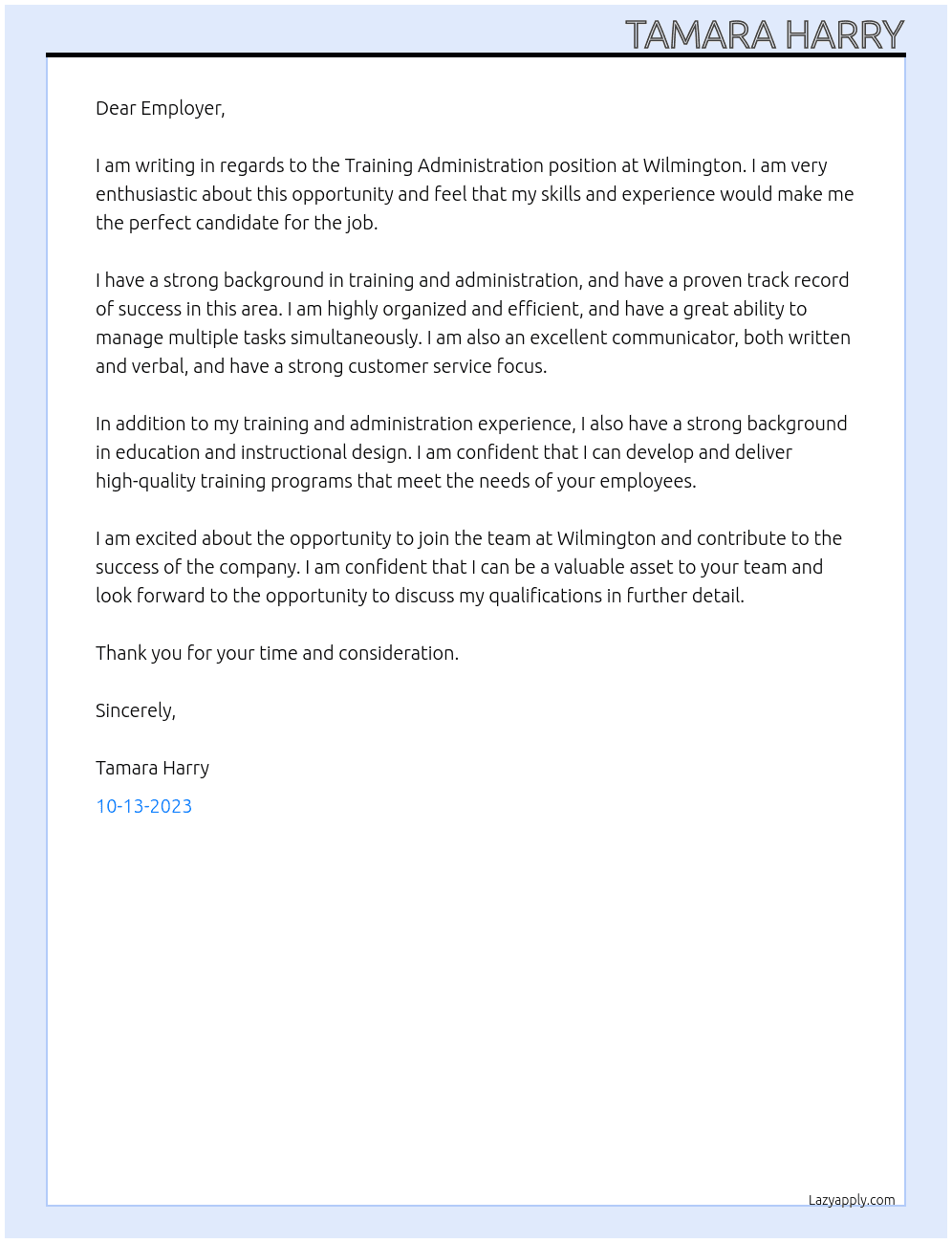 Training Administration  At Wilmington Cover Letter